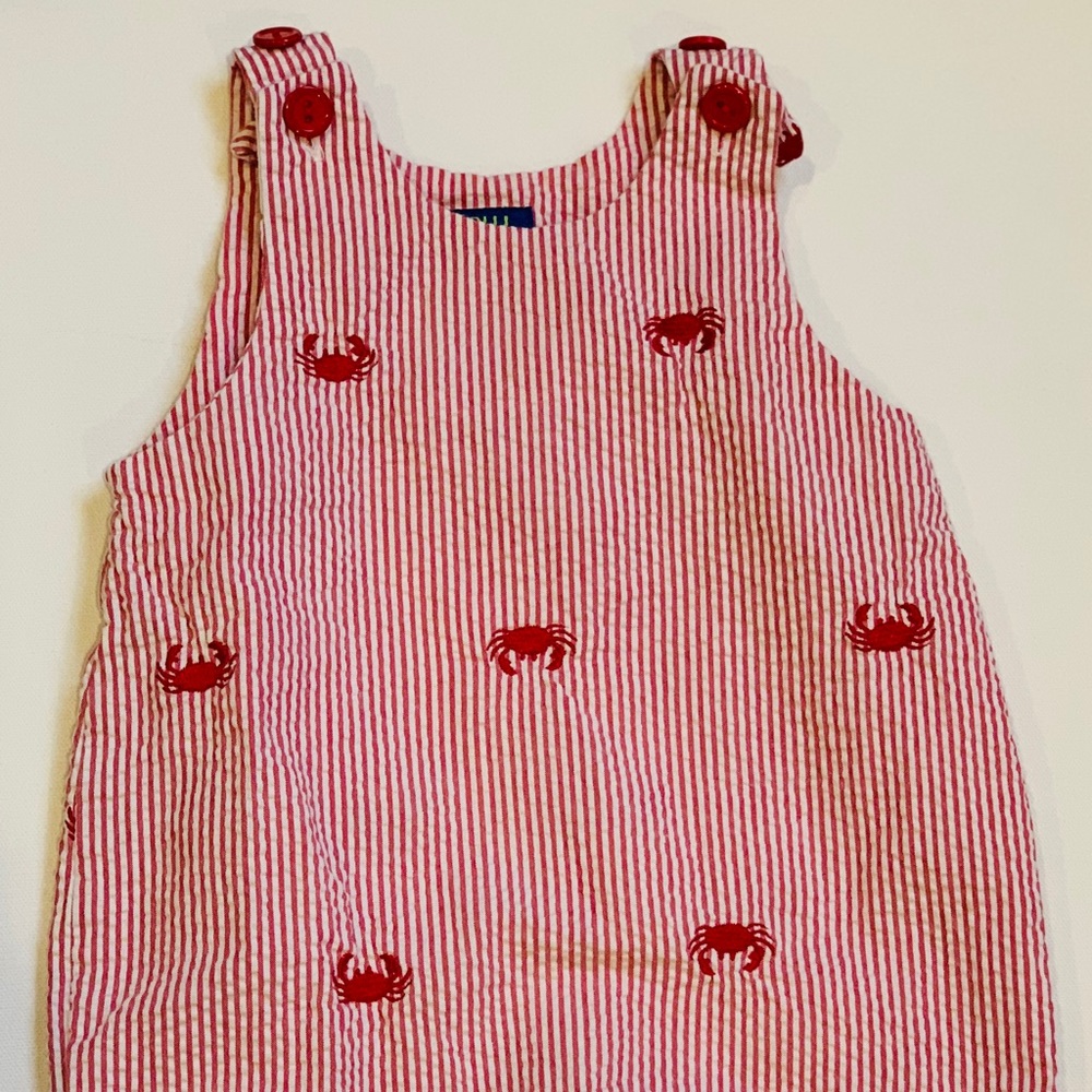 Cotton Blu Red Seersucker Crab Baby Romper 6 Mo